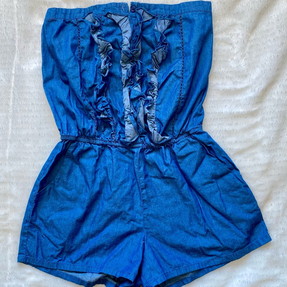 Blue Ruffled Strapless Playsuit